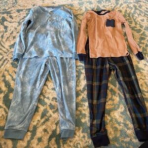 Carter's Blue Solid and Tan Top with Navy/Green Plaid Bottoms Kids Pajama Sets